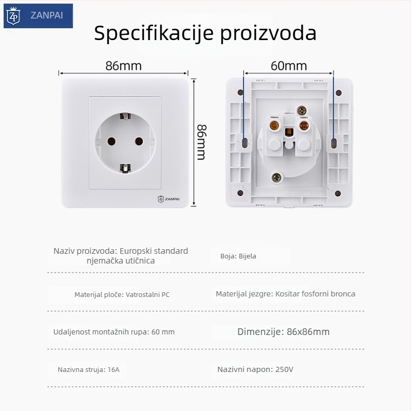 Zanpai 86-typ skrivenog bijelog utičničkog panela, 16A, njemačko/europski stil