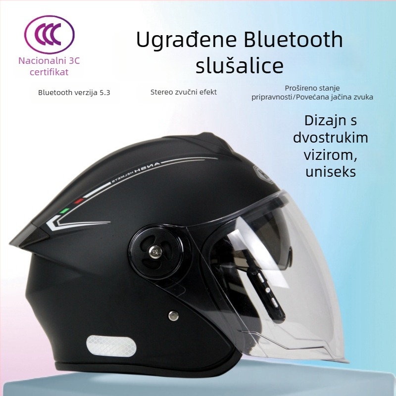 Polu kaciga za električna vozila s ugrađenim Bluetooth slušalicama, dvostruka vizir, unisex, sve sezone, u skladu s novim nacionalnim standardom