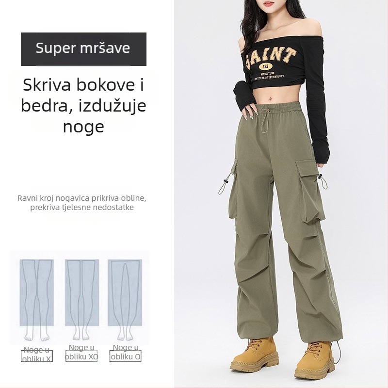 Ženske hlače u stilu padobrana, visoki struk, opušten kroj, radni stil, ravne i široke nogavice