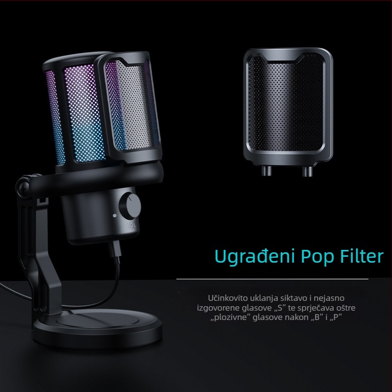 V1Pro mikrofon za live karaoke i računalno snimanje, redukcija šuma, RGB osvjetljenje, za gaming/esports