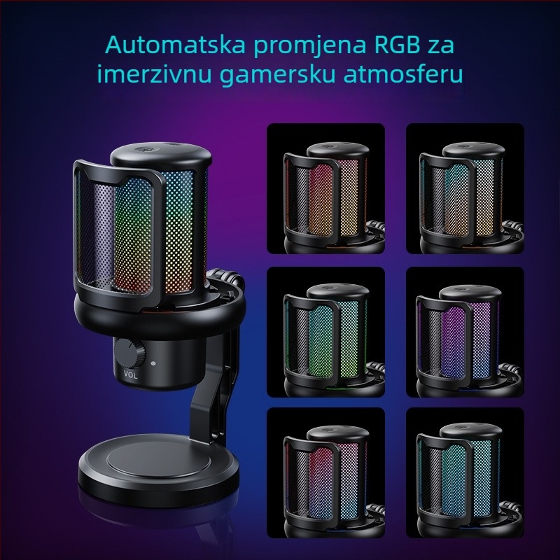 V1Pro mikrofon za live karaoke i računalno snimanje, redukcija šuma, RGB osvjetljenje, za gaming/esports