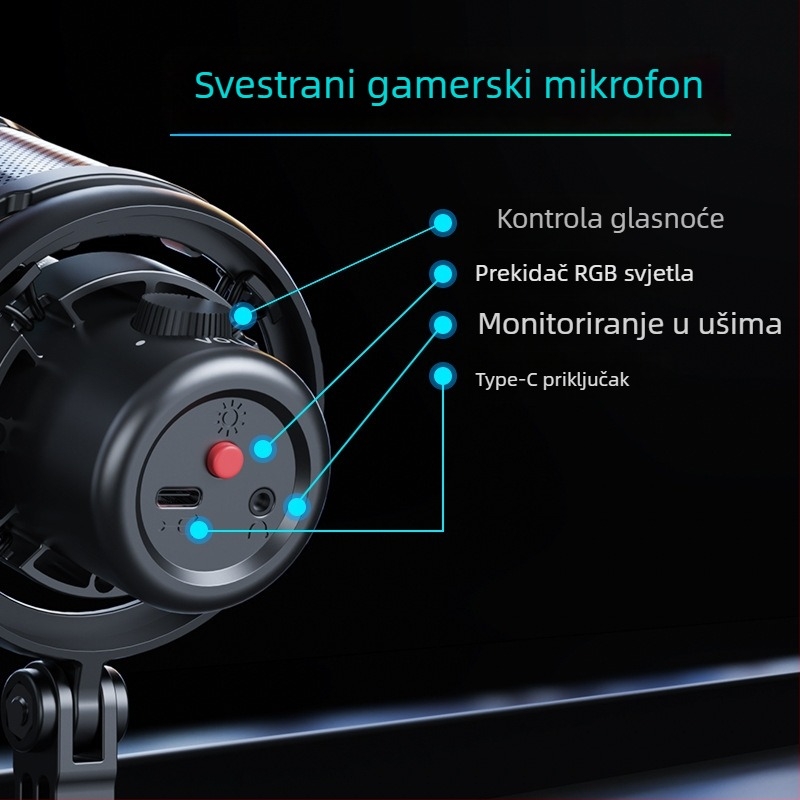 V1Pro mikrofon za live karaoke i računalno snimanje, redukcija šuma, RGB osvjetljenje, za gaming/esports