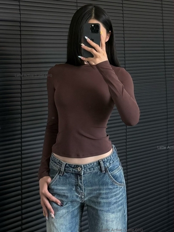 Latte Girl ženski fitness top s dugim rukavima – osjećaj gole kože, visoka elastičnost, brzo sušenje, prozračni bazni sloj za jogu i trening