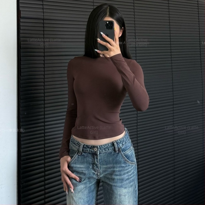 Latte Girl ženski fitness top s dugim rukavima – osjećaj gole kože, visoka elastičnost, brzo sušenje, prozračni bazni sloj za jogu i trening