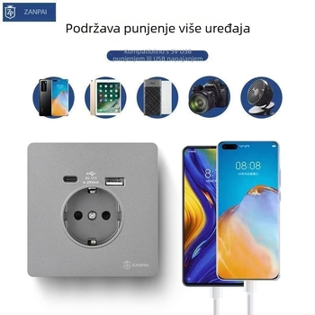 Zan Brand Ugrađena zidna utičnica 86‑toga tipa europskog standarda, 16A, USB‑A i Type‑C 2A