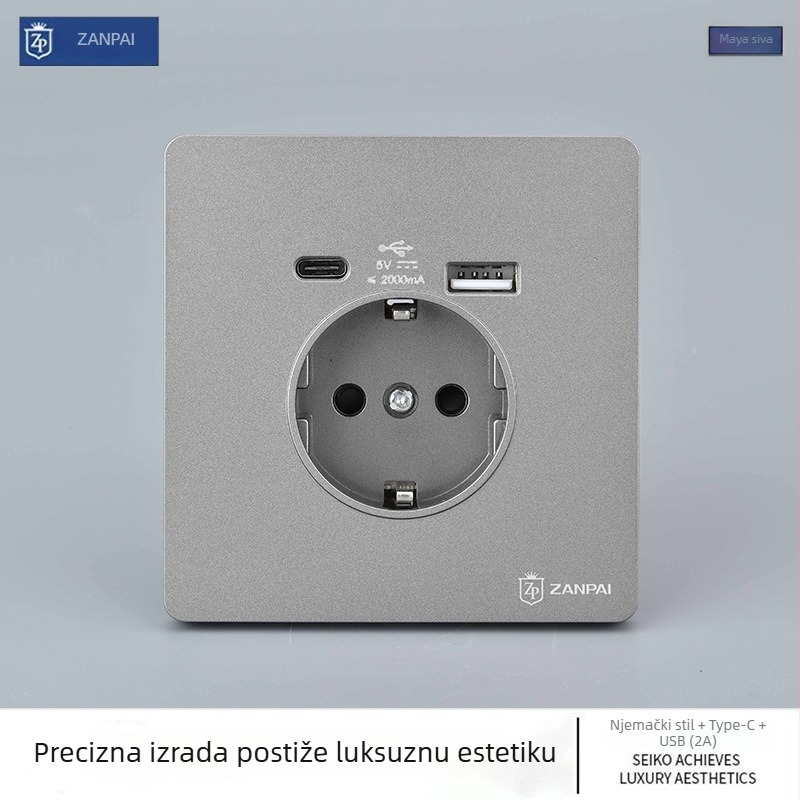 Zan Brand Ugrađena zidna utičnica 86‑toga tipa europskog standarda, 16A, USB‑A i Type‑C 2A
