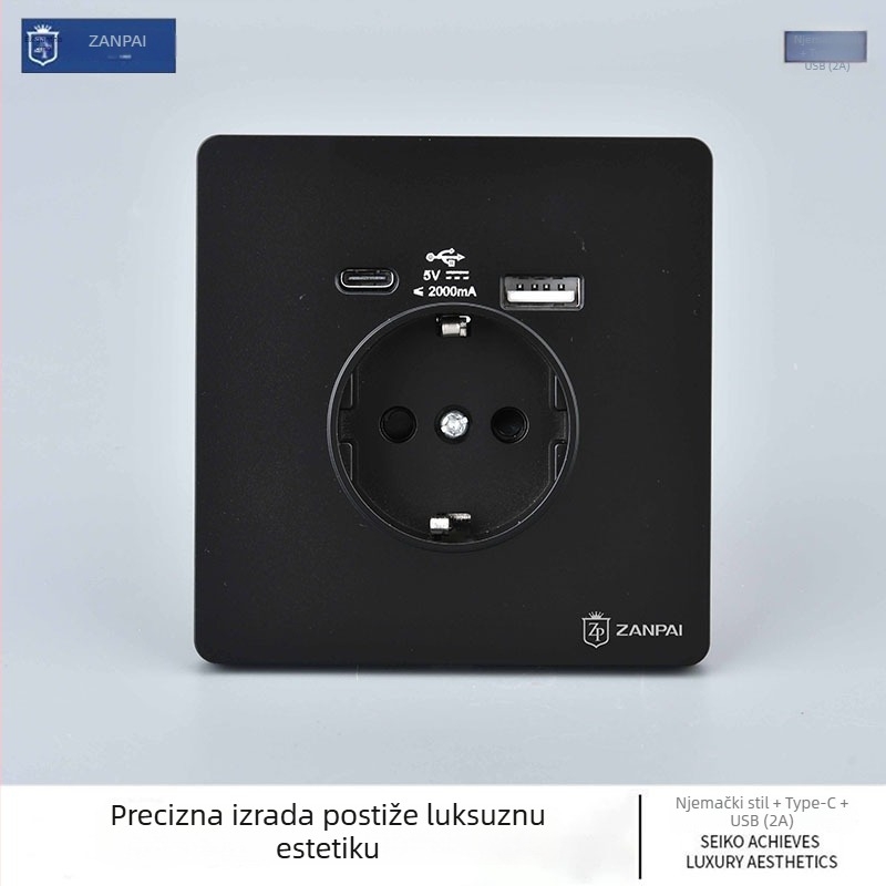 Zan Brand Ugrađena zidna utičnica 86‑toga tipa europskog standarda, 16A, USB‑A i Type‑C 2A