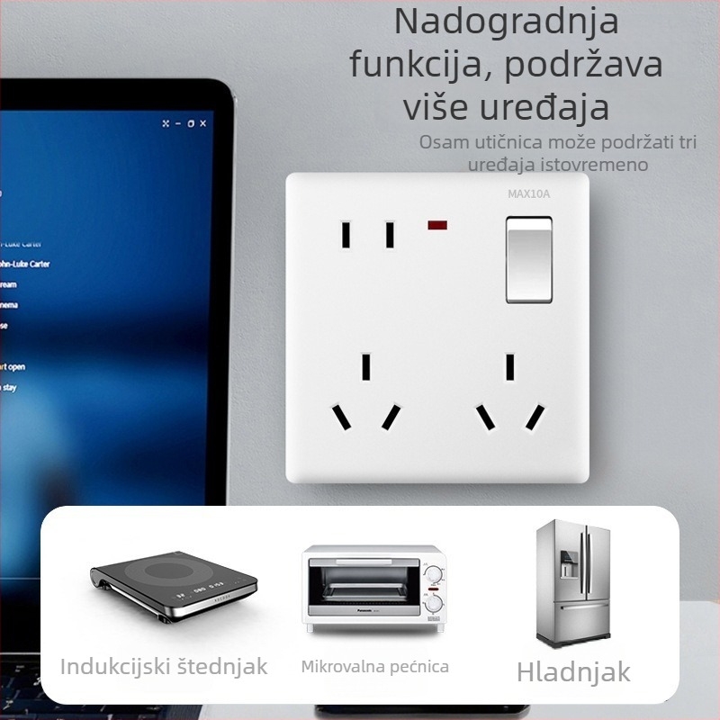 Panel prekidača i utičnica za zid, s jednim prekidačem i osam utičnica, tip 86, skrivena montaža, bijela, novi nacionalni standard