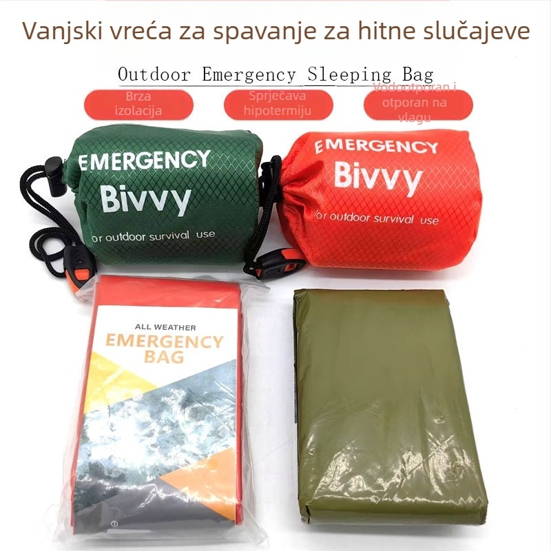 Vanjski hitni spavaći vreća za kampiranje i preživljavanje, narančasta, izolacija PE aluminijskim filmom, višenamjenski spašavački pribor.