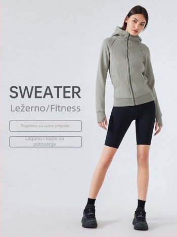 Ženska zimska sportska jakna s kapuljačom, pamuk-sintetički materijal, stojeći ovratnik, za jogu i fitness