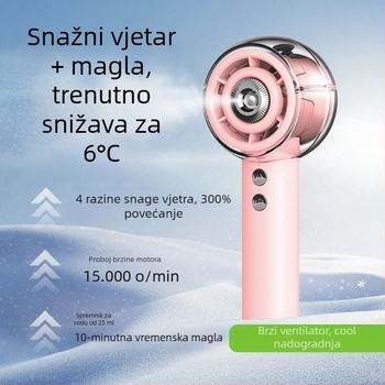 2025 novi ručni ventilator s raspršivanjem, USB punjenje, 4 brzine, ugrađena baterija, 6+ lopatica, hlađenje i hidratacija