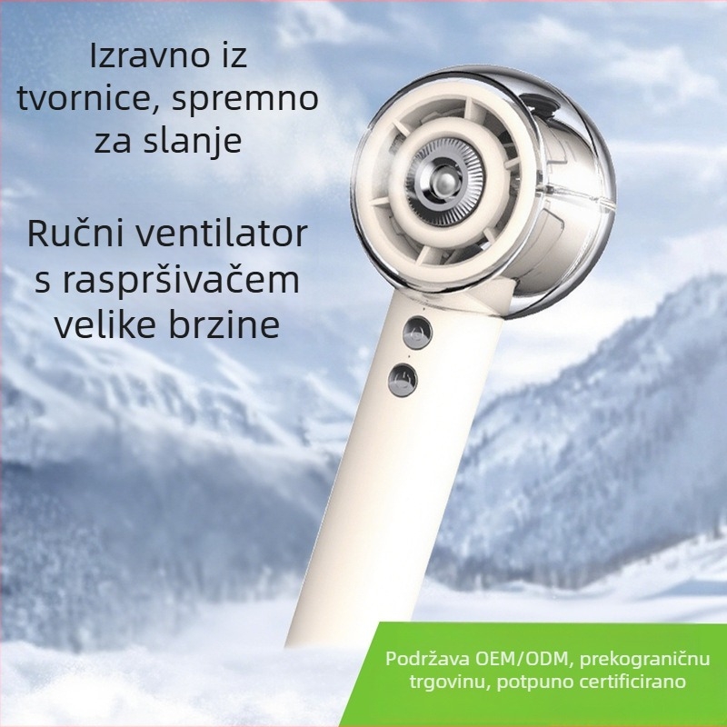 2025 novi ručni ventilator s raspršivanjem, USB punjenje, 4 brzine, ugrađena baterija, 6+ lopatica, hlađenje i hidratacija