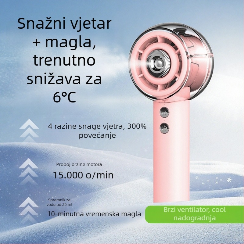 2025 novi ručni ventilator s raspršivanjem, USB punjenje, 4 brzine, ugrađena baterija, 6+ lopatica, hlađenje i hidratacija