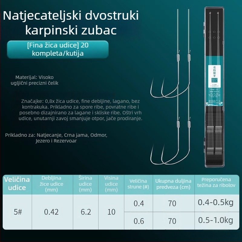 Giant Fin King natjecateljske udice s dvostrukim udicama na podlinijskoj liniji, anti-zamotavanje, unaprijed vezan komplet udica za šarana