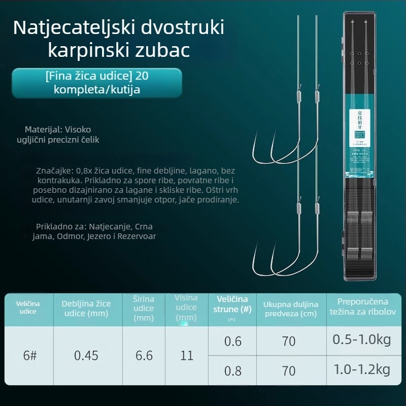 Giant Fin King natjecateljske udice s dvostrukim udicama na podlinijskoj liniji, anti-zamotavanje, unaprijed vezan komplet udica za šarana