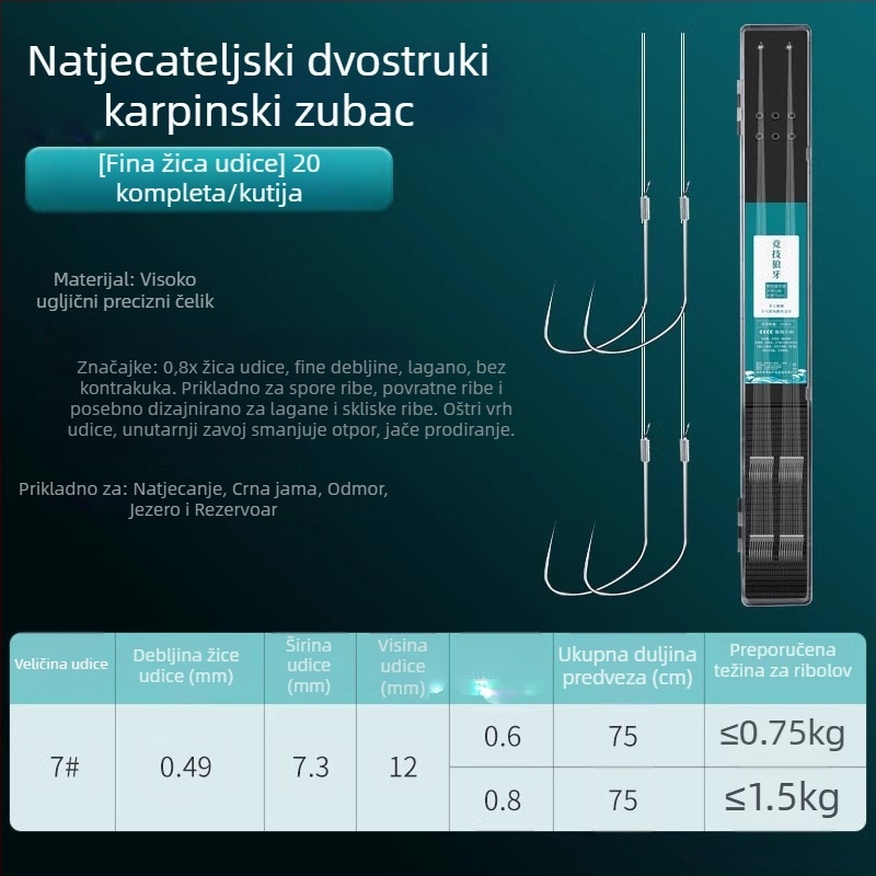 Giant Fin King natjecateljske udice s dvostrukim udicama na podlinijskoj liniji, anti-zamotavanje, unaprijed vezan komplet udica za šarana