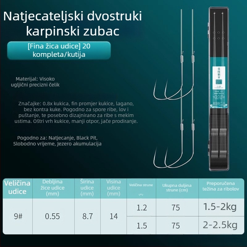 Giant Fin King natjecateljske udice s dvostrukim udicama na podlinijskoj liniji, anti-zamotavanje, unaprijed vezan komplet udica za šarana