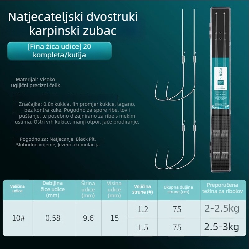 Giant Fin King natjecateljske udice s dvostrukim udicama na podlinijskoj liniji, anti-zamotavanje, unaprijed vezan komplet udica za šarana