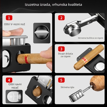 Cigarloong pet u jednom višenamjenski rezač za cigare s nehrđajućim čelikom, ploskim otvorom i V-oblikom otvorom, držač za cigare, igla i bušilica