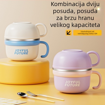 Izolirana posuda za obroke od nehrđajućeg čelika 304 s poklopcem, okrugla dvostruka posuda za kantinu za uredske radnike i studente, 1–2 L