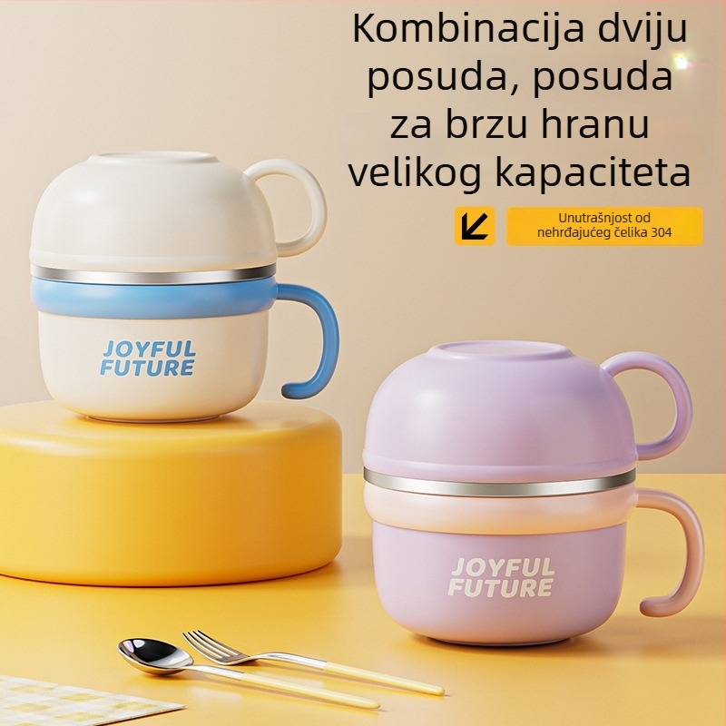 Izolirana posuda za obroke od nehrđajućeg čelika 304 s poklopcem, okrugla dvostruka posuda za kantinu za uredske radnike i studente, 1–2 L