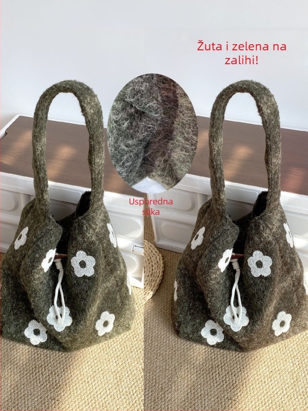 Plišana torbica s cvjetnim izvezom za rameni, velika tote torba, jesen-zima, šumski stil, korejski stil