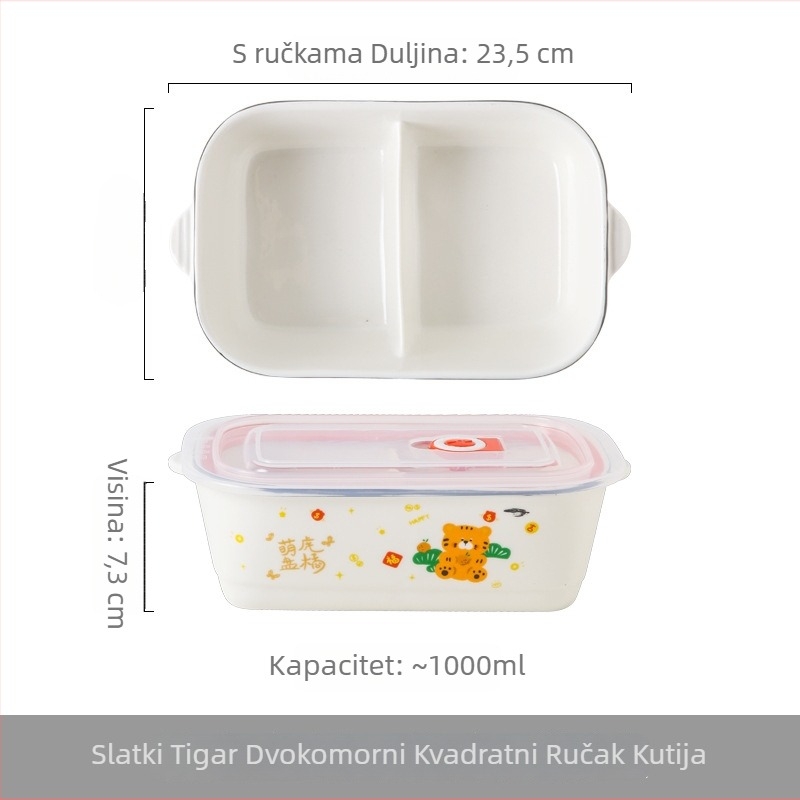 Keramička kutija za ručak s pregradama i poklopcem, mikrovalna sigurna, sladak crtani dizajn, za uredske djelatnike i studente, okrugla kutija za ručak 800–1000 ml