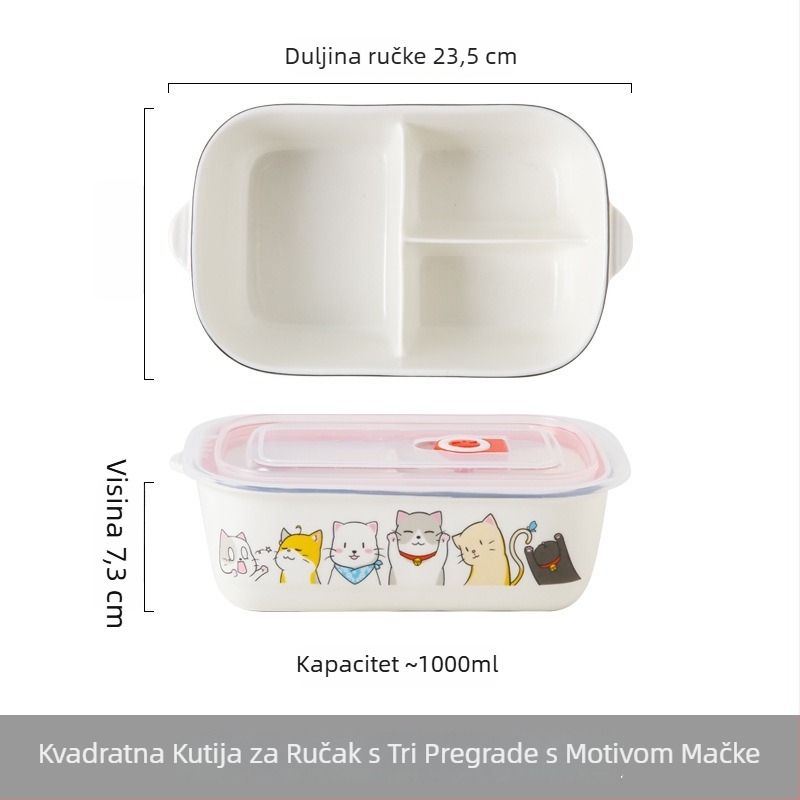 Keramička kutija za ručak s pregradama i poklopcem, mikrovalna sigurna, sladak crtani dizajn, za uredske djelatnike i studente, okrugla kutija za ručak 800–1000 ml