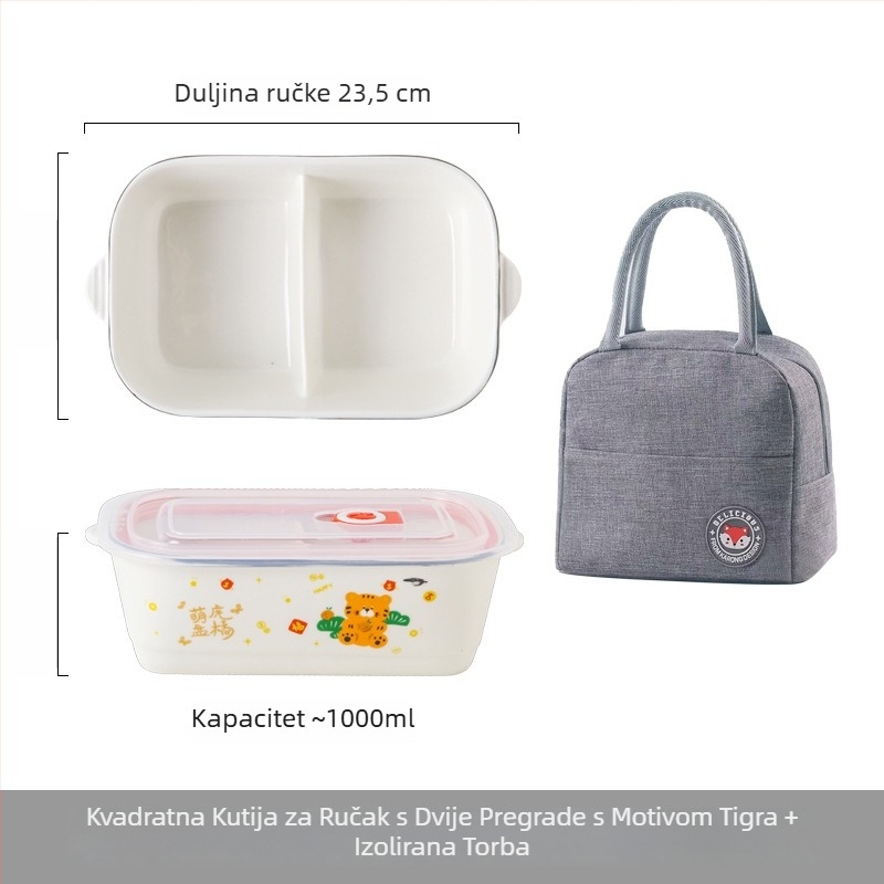 Keramička kutija za ručak s pregradama i poklopcem, mikrovalna sigurna, sladak crtani dizajn, za uredske djelatnike i studente, okrugla kutija za ručak 800–1000 ml