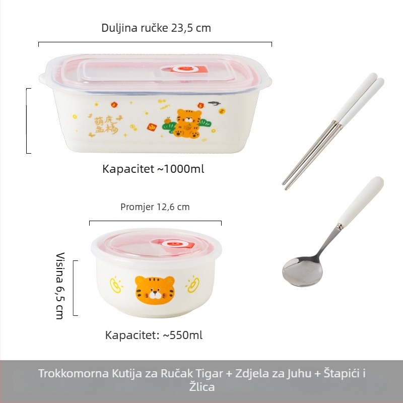 Keramička kutija za ručak s pregradama i poklopcem, mikrovalna sigurna, sladak crtani dizajn, za uredske djelatnike i studente, okrugla kutija za ručak 800–1000 ml
