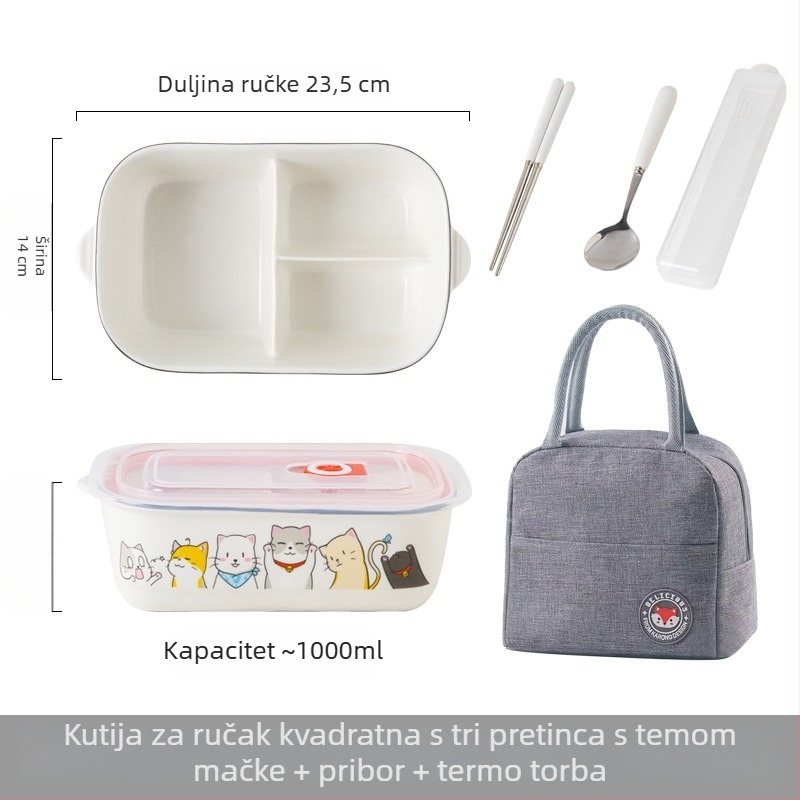 Keramička kutija za ručak s pregradama i poklopcem, mikrovalna sigurna, sladak crtani dizajn, za uredske djelatnike i studente, okrugla kutija za ručak 800–1000 ml