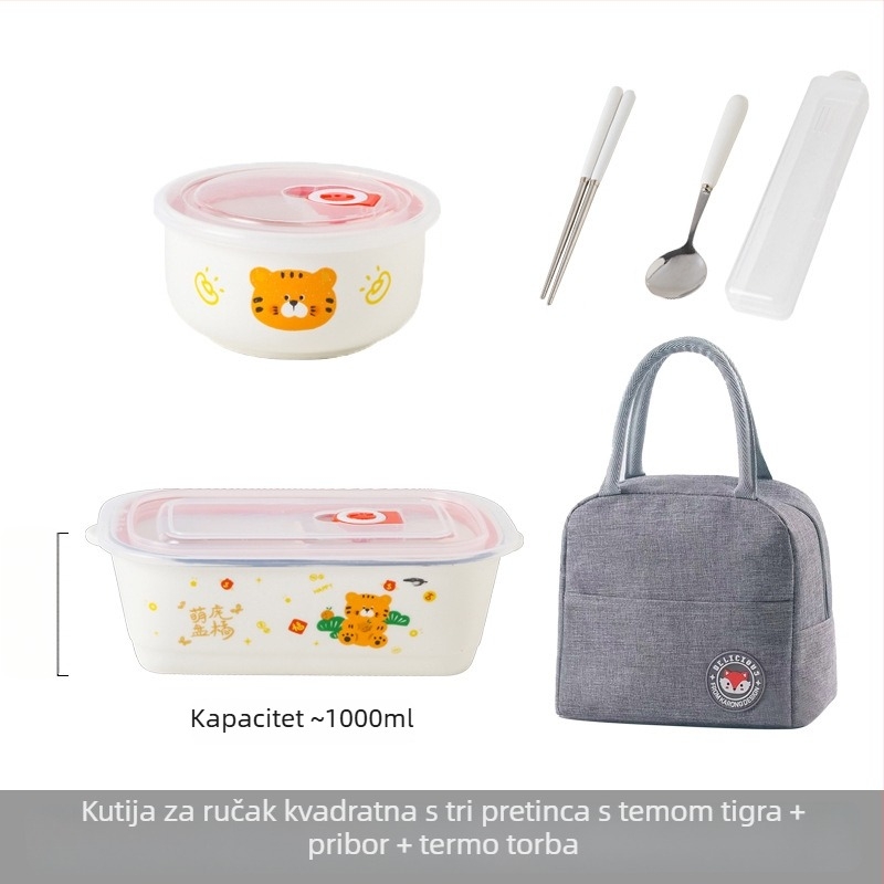 Keramička kutija za ručak s pregradama i poklopcem, mikrovalna sigurna, sladak crtani dizajn, za uredske djelatnike i studente, okrugla kutija za ručak 800–1000 ml