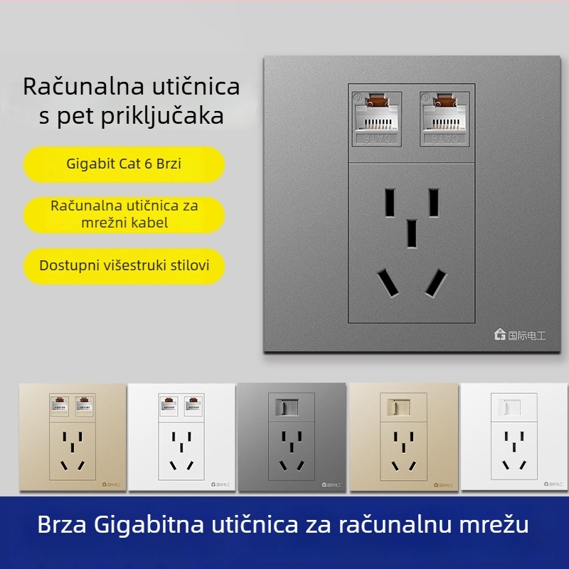 86-tipna zidna ploča s 5 mrežnih priključaka, Gigabit Cat6 mrežni priključci i napajanje