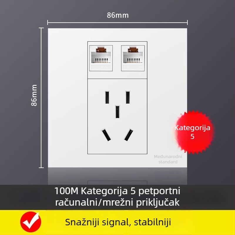 86-tipna zidna ploča s 5 mrežnih priključaka, Gigabit Cat6 mrežni priključci i napajanje