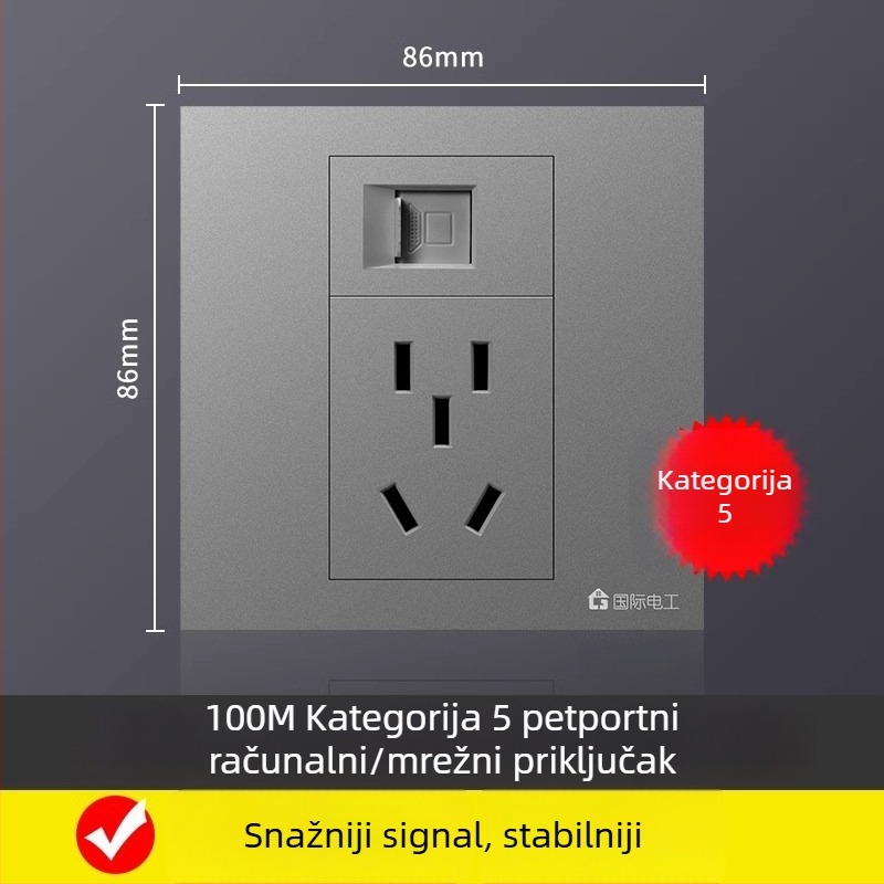 86-tipna zidna ploča s 5 mrežnih priključaka, Gigabit Cat6 mrežni priključci i napajanje
