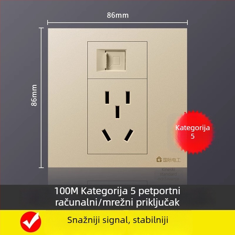 86-tipna zidna ploča s 5 mrežnih priključaka, Gigabit Cat6 mrežni priključci i napajanje