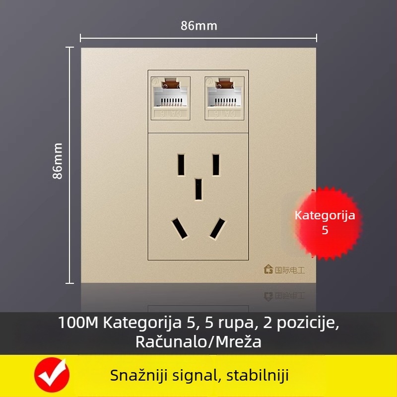 86-tipna zidna ploča s 5 mrežnih priključaka, Gigabit Cat6 mrežni priključci i napajanje