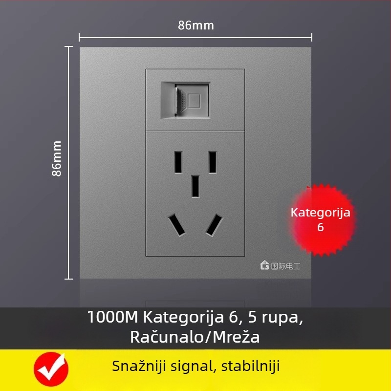 86-tipna zidna ploča s 5 mrežnih priključaka, Gigabit Cat6 mrežni priključci i napajanje