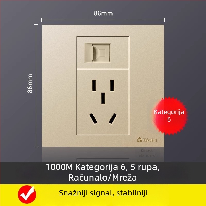 86-tipna zidna ploča s 5 mrežnih priključaka, Gigabit Cat6 mrežni priključci i napajanje