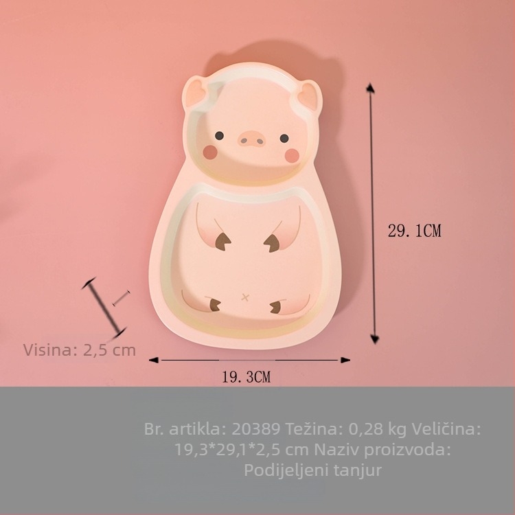 Set dječjeg posuđa od melamina i vlakana bambusa, tanjur u obliku praščića i dječja zdjela, crtani dizajn, otporan na padove