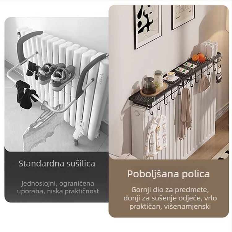 Polica za radijator s kukicama za kupaonicu, bez bušenja, za sušenje i skladištenje odjeće