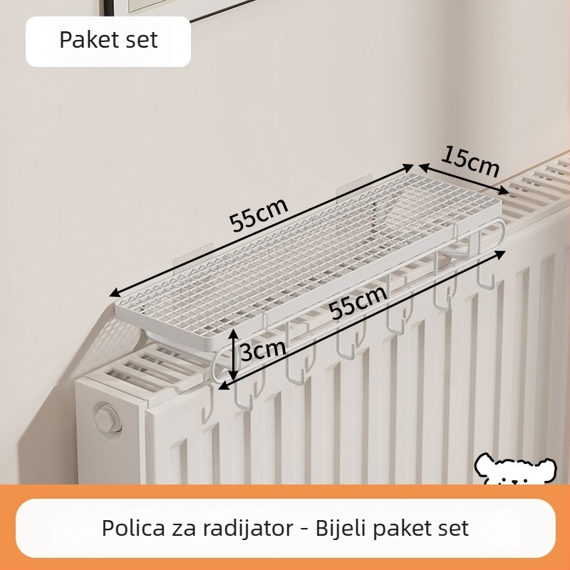 Polica za radijator s kukicama za kupaonicu, bez bušenja, za sušenje i skladištenje odjeće