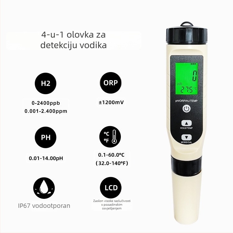 Kućni višefunkcionalni mjerač kvalitete vode za vodu bogatu vodikom — ORP, redoks, pH, sadržaj vodikovih iona, H2 detektor