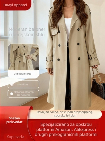 Ženski khaki trench kaput u britskom stilu, srednja duljina, stojeći ovratnik, labavi kroj, jesen 2025