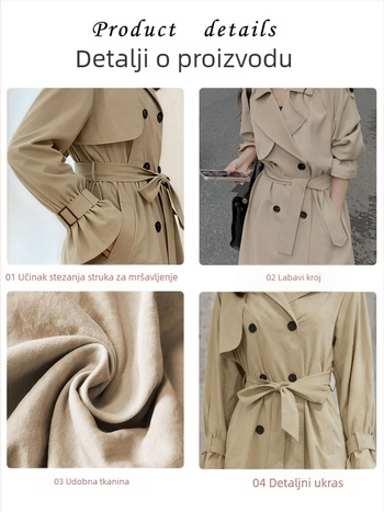 Ženski khaki trench kaput u britskom stilu, srednja duljina, stojeći ovratnik, labavi kroj, jesen 2025
