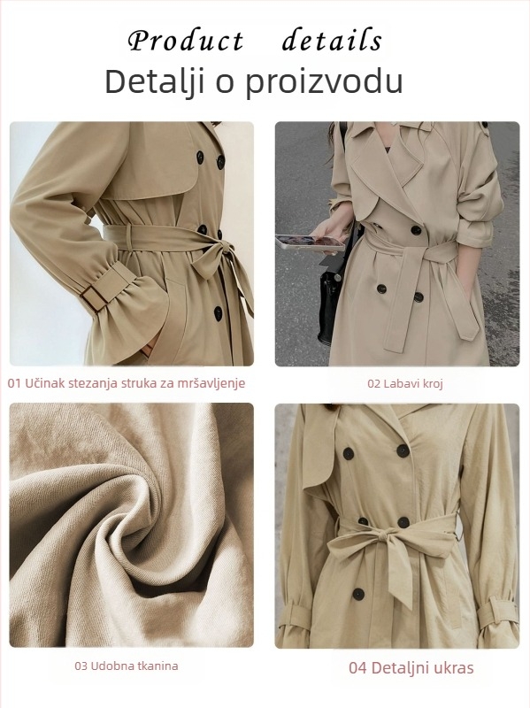 Ženski khaki trench kaput u britskom stilu, srednja duljina, stojeći ovratnik, labavi kroj, jesen 2025