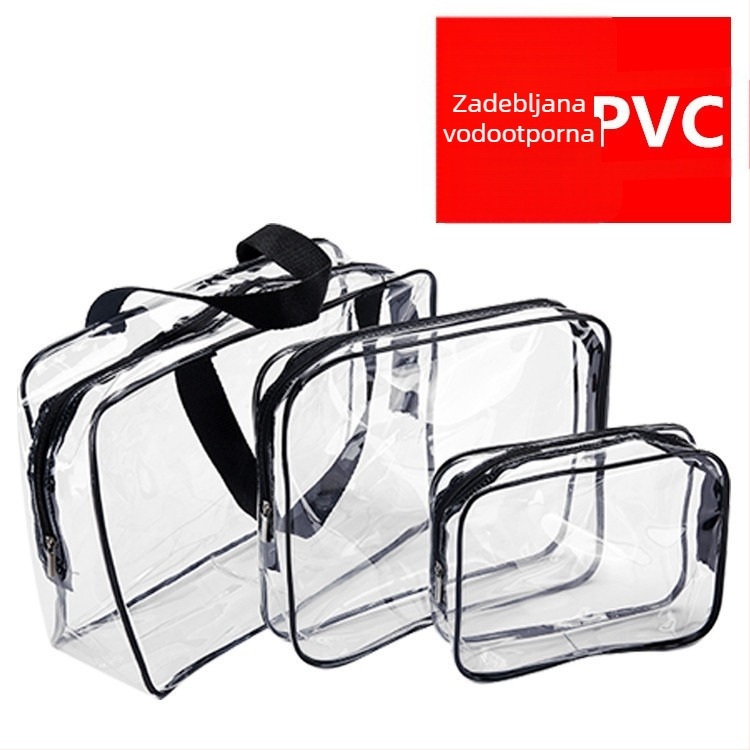 Putna kozmetička torba velikog kapaciteta s odjeljkom mokro–suho, prozirni PVC, set od tri komada