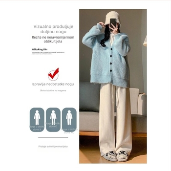 Plus-size ženske široke hlače bež boje s motivom pšenice, za žene, jesen-zima, drapirane, fleece podstava, debele, casual