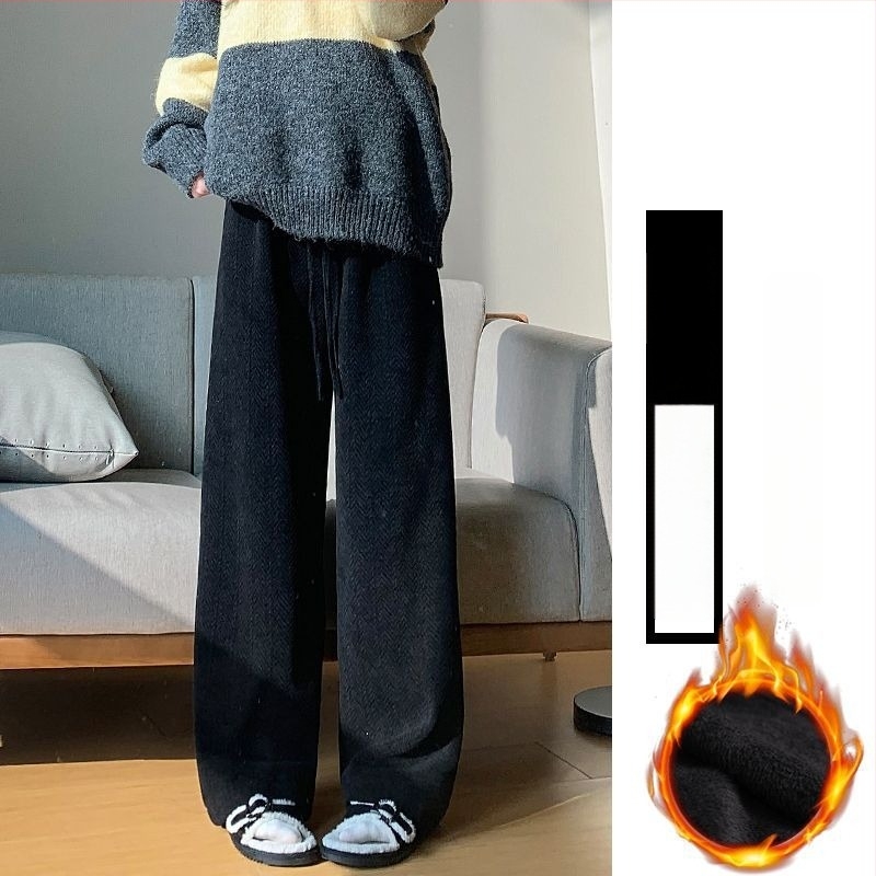 Plus-size ženske široke hlače bež boje s motivom pšenice, za žene, jesen-zima, drapirane, fleece podstava, debele, casual