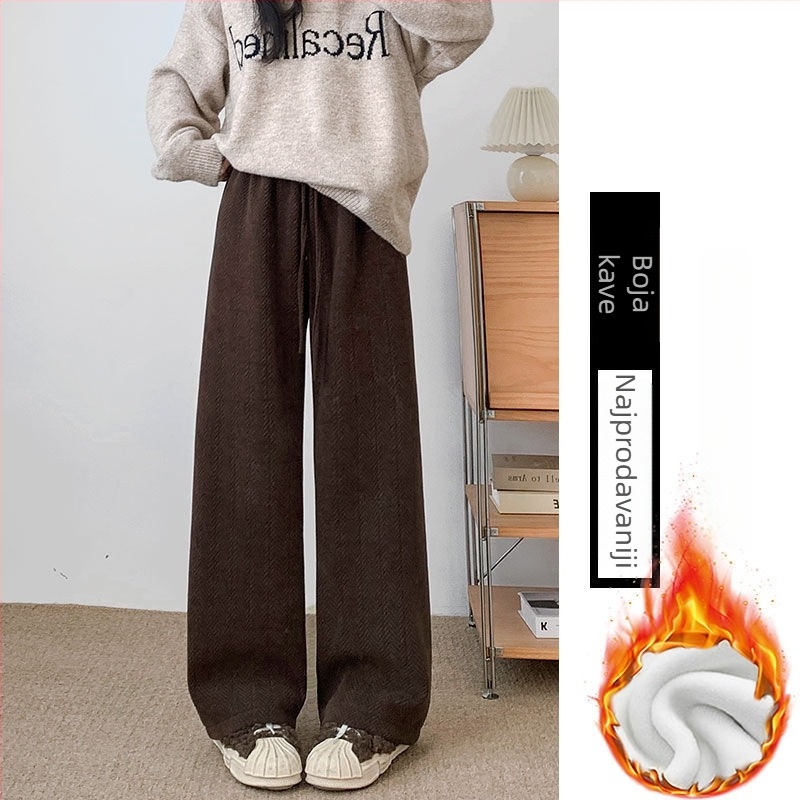 Plus-size ženske široke hlače bež boje s motivom pšenice, za žene, jesen-zima, drapirane, fleece podstava, debele, casual